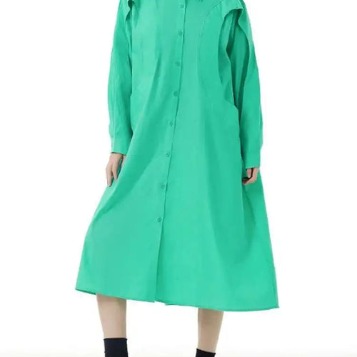 Load image into Gallery viewer, Women Green Rose Red Spliced Big Size Midi Shirt Dress New Lapel Long Sleeve Fashion Tide Spring Autumn 2025 1DH5167

