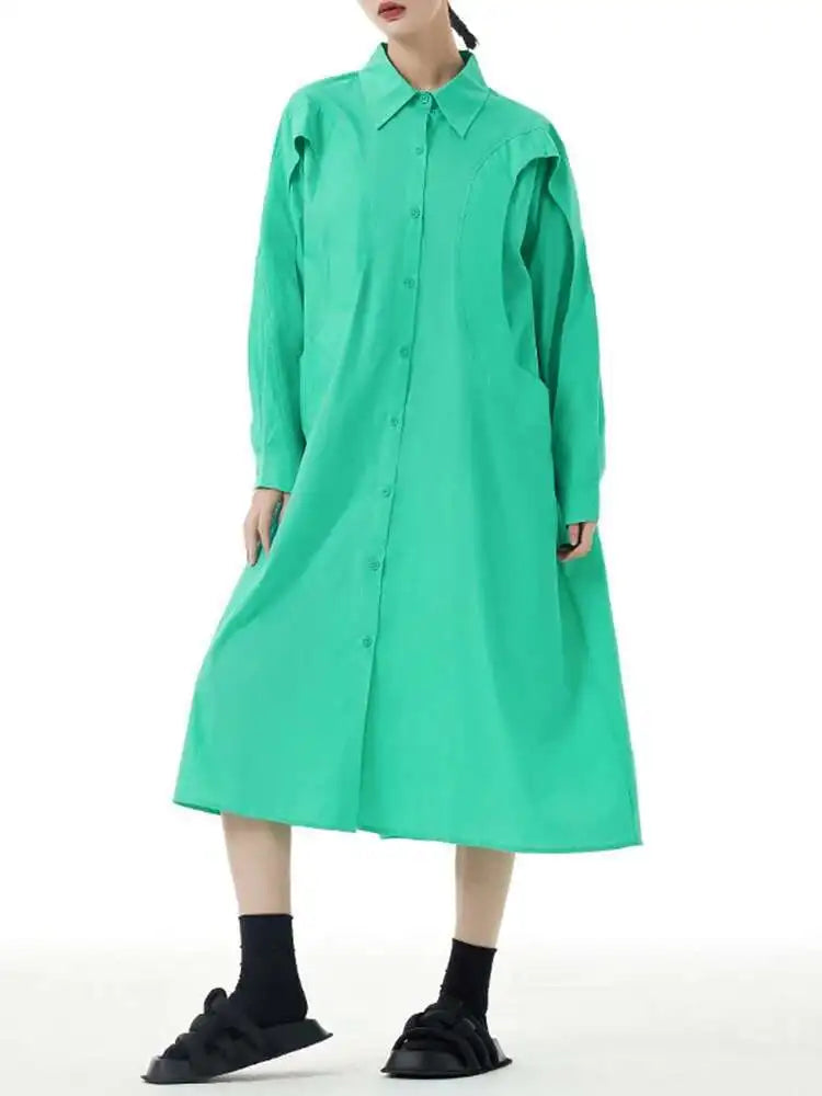 Women Green Rose Red Spliced Big Size Midi Shirt Dress New Lapel Long Sleeve Fashion Tide Spring Autumn 2025 1DH5167