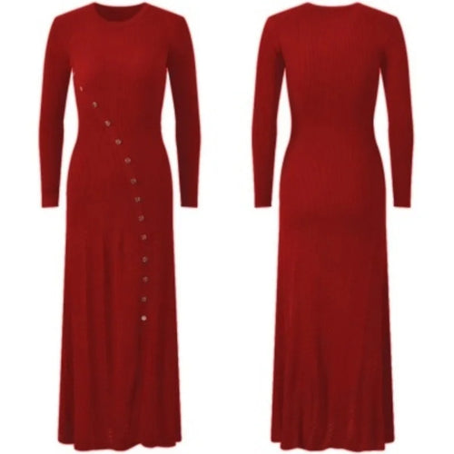 Load image into Gallery viewer, Korean Autumn Winter Black Beige Elegant Single Breasted Dress Women Red Long Sleeves 2024 Knitted Split Dress Popular Trend New
