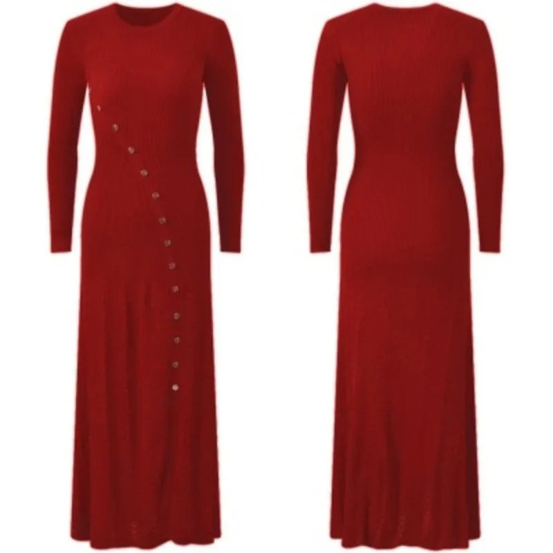 Korean Autumn Winter Black Beige Elegant Single Breasted Dress Women Red Long Sleeves 2024 Knitted Split Dress Popular Trend New