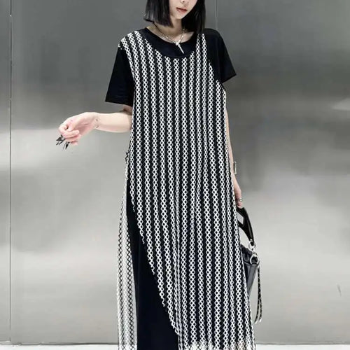 Load image into Gallery viewer, Women Black Irregular Mesh Big Size Casual Midi Dress New Round Neck Short Sleeve Fashion Tide Spring Summer 2025 1DH5415

