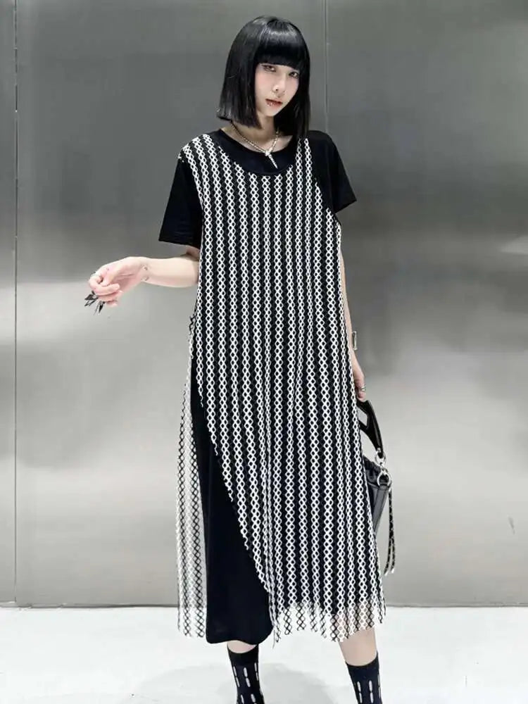 Women Black Irregular Mesh Big Size Casual Midi Dress New Round Neck Short Sleeve Fashion Tide Spring Summer 2025 1DH5415