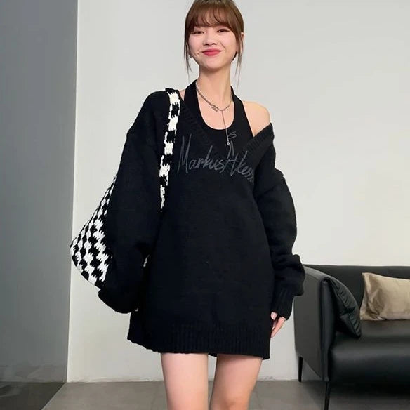 Sexy Korean Fashion Outfits 2025 Spring Autumn Two Pieces Set Women Loose Pullover + Halter Top Letter Print Sweater