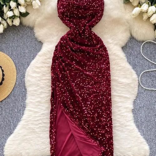 Load image into Gallery viewer, French Women Red Sequin Backless Birthday Party Strapless Split Long Dress Summer Elegant Sexy Sleeveless Pleated Evening Dress
