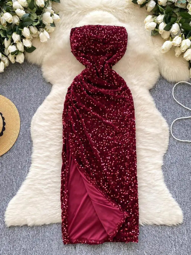French Women Red Sequin Backless Birthday Party Strapless Split Long Dress Summer Elegant Sexy Sleeveless Pleated Evening Dress