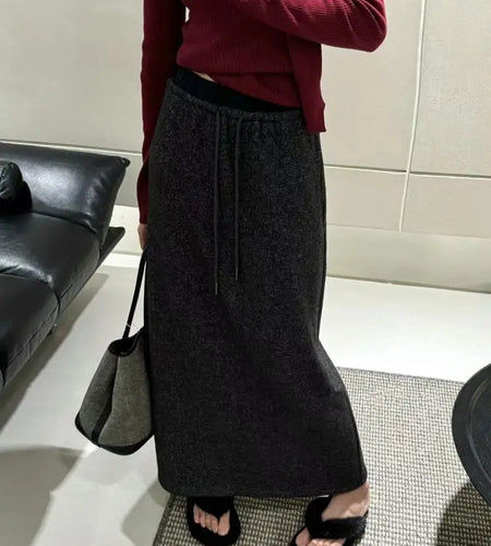 Korean Style Woman Black Elegant High Waisted Straight Woolen Skirts Autumn Winter Casual Simple Grey Drawstring Lace-up Skirt