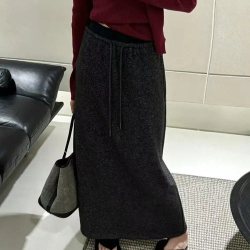 Load image into Gallery viewer, Korean Style Woman Black Elegant High Waisted Straight Woolen Skirts Autumn Winter Casual Simple Grey Drawstring Lace-up Skirt
