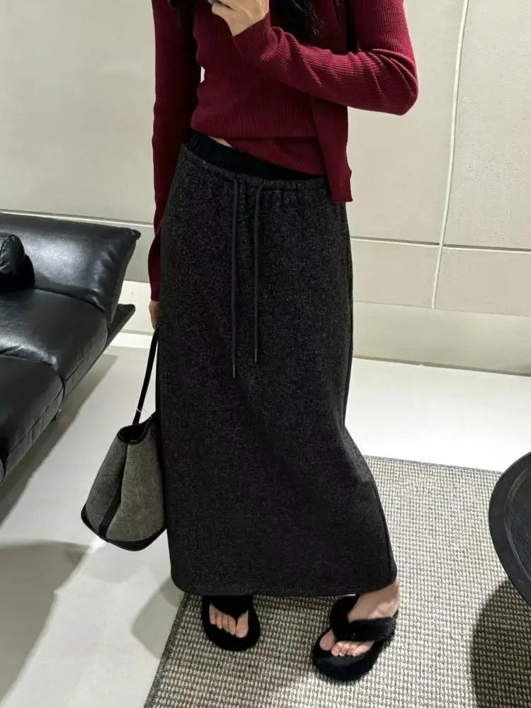 Korean Style Woman Black Elegant High Waisted Straight Woolen Skirts Autumn Winter Casual Simple Grey Drawstring Lace-up Skirt