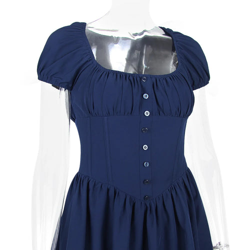 Load image into Gallery viewer, Square Collar Pleated Mini Dress For Women Navy Blue Fashion Short Sleeve Backless A-line Club Party Sexy Dress Elegant
