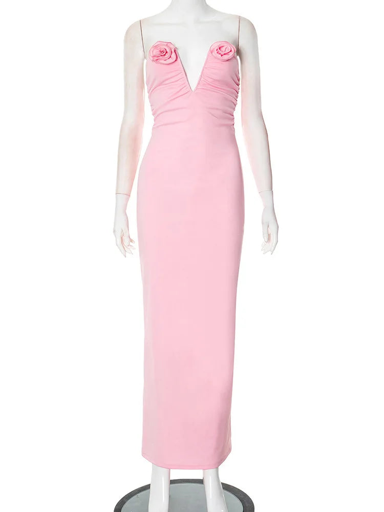 Rose Strapless Sexy Maxi Dress Women Pink Gown Off-shoulder V Neck Backless Sleeveless Bodycon Beach Club Long Dress