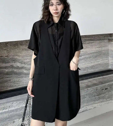 Women Black Pocket Perspective Big Size Mini Shirt Dress New Lapel Half Sleeve Fashion Tide Spring Autumn 2025 1DH5144