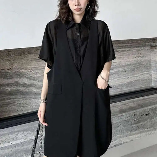 Load image into Gallery viewer, Women Black Pocket Perspective Big Size Mini Shirt Dress New Lapel Half Sleeve Fashion Tide Spring Autumn 2025 1DH5144
