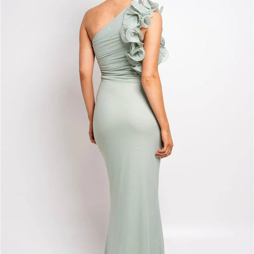 Load image into Gallery viewer, Shoulder Floral Mesh Ruched Sexy Maxi Dress For Women Gown Oblique Shoulder Sleeveless Backless Bodycon Long Dress
