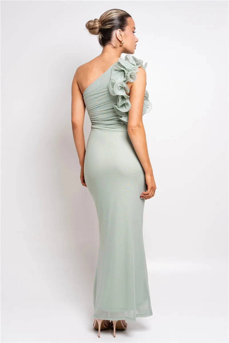 Shoulder Floral Mesh Ruched Sexy Maxi Dress For Women Gown Oblique Shoulder Sleeveless Backless Bodycon Long Dress