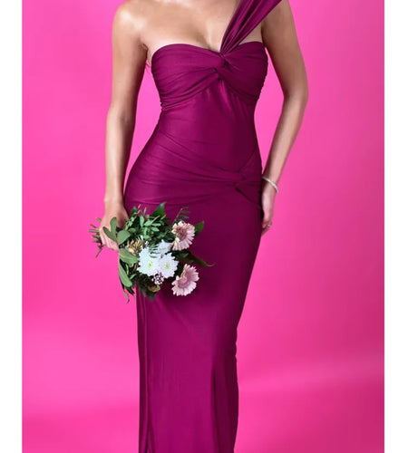 Elegant Sleeveless Single Shoulder Strap Zipper Evening Dress Women Pleated Slim Maxi Dress Female Party Club Vestidos