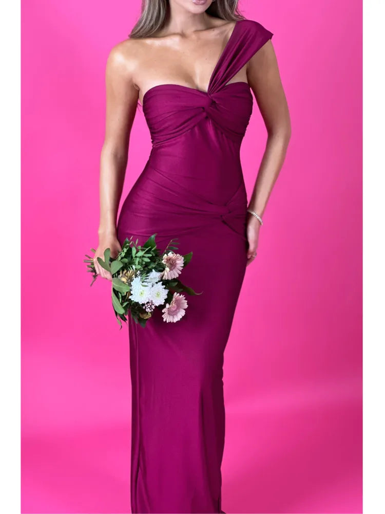 Elegant Sleeveless Single Shoulder Strap Zipper Evening Dress Women Pleated Slim Maxi Dress Female Party Club Vestidos