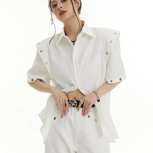 Load image into Gallery viewer, Solid Casual Blouse For Women Lapel Short Sleeve Spliced Metal Buckle Button Loose Shirt Female Fashion Clothing
