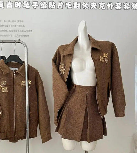 Autumn Winter Women Retro Two Piece Sets Fashion Brown Diamond Long Sleeve Lapel Zipper Coat And High Waist Pleated Mini Skirts