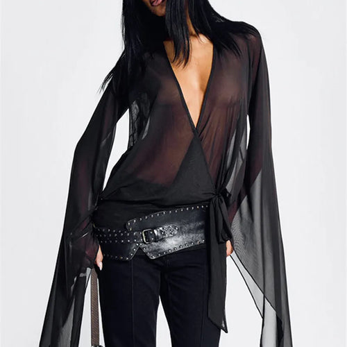 Load image into Gallery viewer, Mesh See Through Sexy Mini Dress For Women Black Sheer Mesh Deep V Neck Long Sleeve Backless Draped Ruched Dress
