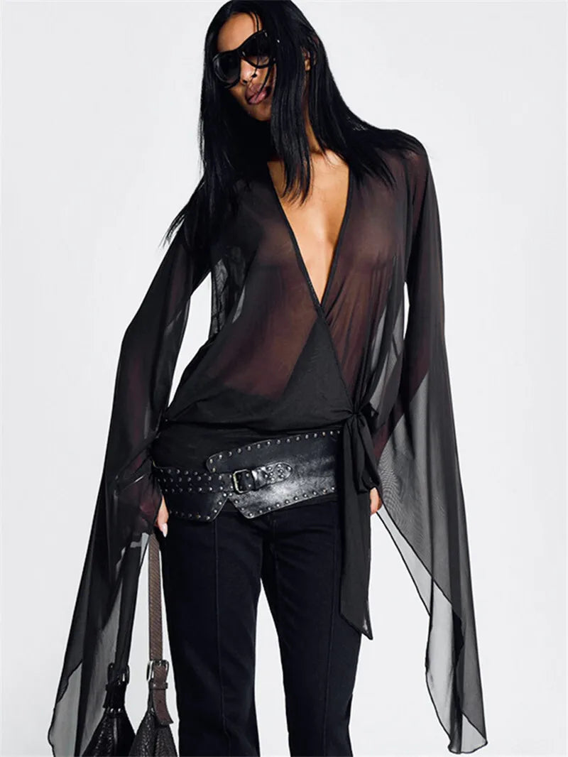 Mesh See Through Sexy Mini Dress For Women Black Sheer Mesh Deep V Neck Long Sleeve Backless Draped Ruched Dress