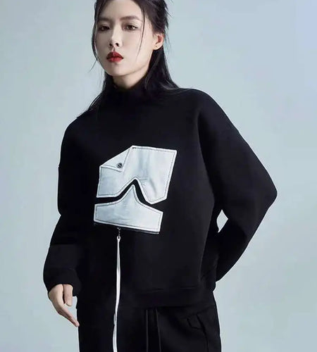 Black Pattern Zipper Thick Sweatshirt New Turtleneck Long Sleeve Women Big Size Fashion Tide Spring Autumn 2025 1DH2585