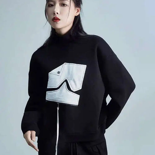 Load image into Gallery viewer, Black Pattern Zipper Thick Sweatshirt New Turtleneck Long Sleeve Women Big Size Fashion Tide Spring Autumn 2025 1DH2585
