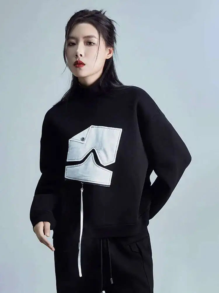 Black Pattern Zipper Thick Sweatshirt New Turtleneck Long Sleeve Women Big Size Fashion Tide Spring Autumn 2025 1DH2585