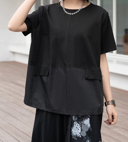 Women Black Irregular Spliced Big Size Casual T-shirt New Round Neck Short Sleeve Fashion Tide Spring Summer 2025 1DJ0488