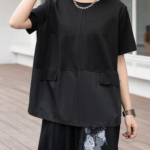 Load image into Gallery viewer, Women Black Irregular Spliced Big Size Casual T-shirt New Round Neck Short Sleeve Fashion Tide Spring Summer 2025 1DJ0488
