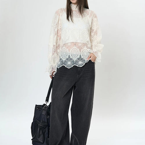 Load image into Gallery viewer, Women Apricot Lace Perspective Elegant T-shirt New Stand Collar Long Sleeve Fashion Tide Spring Autumn 2025 1DH9585
