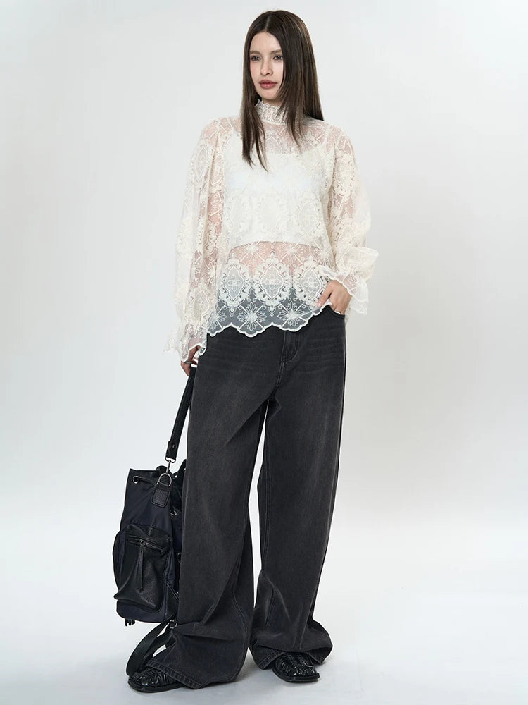 Women Apricot Lace Perspective Elegant T-shirt New Stand Collar Long Sleeve Fashion Tide Spring Autumn 2025 1DH9585