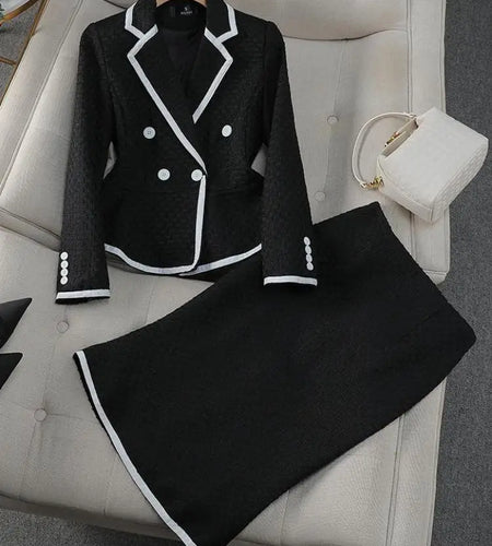 Black White Patchwork Office Lady French Two Piece Suit Women Long Sleeve Double Breasted Short Blazer + High Waist Midi Skirts