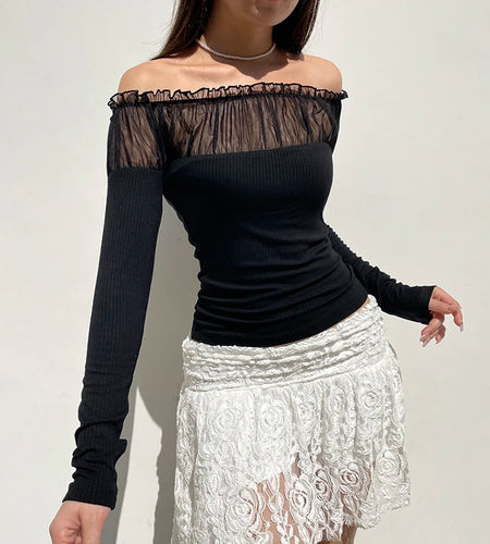 Chic Ruched Black Knit Autumn Tee Shirt Basic Korean Fashion Mesh Patched Fold Women's T-shirts Clothing Party Gothic