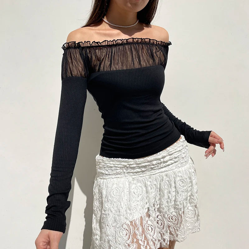 Chic Ruched Black Knit Autumn Tee Shirt Basic Korean Fashion Mesh Patched Fold Women's T-shirts Clothing Party Gothic