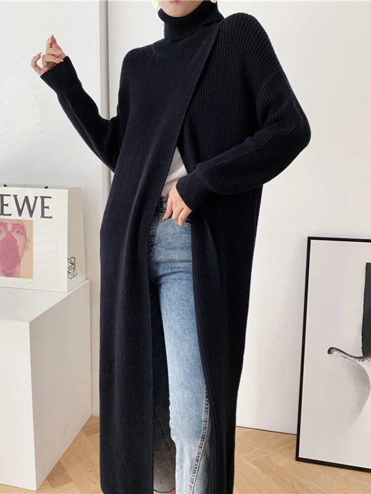 Asymmetrical Hem Sweater For Women Turtleneck Long Sleeve Irregular Loose Solid Knitting Sweaters Female Clothing