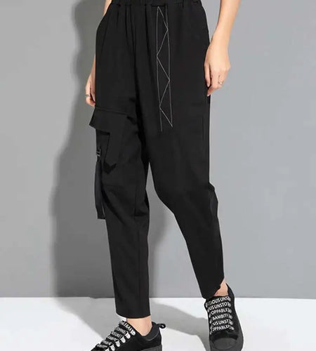 High Elastic Waist Black Topstitched Harem Pants New Loose Fit Trousers Women Fashion Tide Spring Autumn 2025 1DF6500