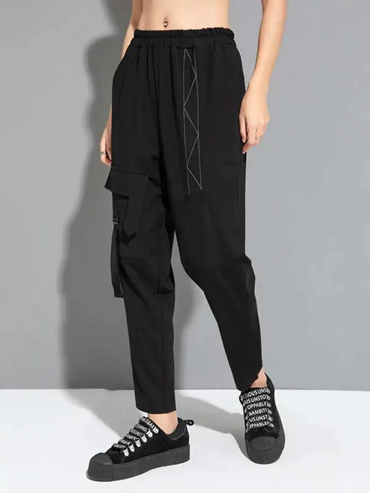 High Elastic Waist Black Topstitched Harem Pants New Loose Fit Trousers Women Fashion Tide Spring Autumn 2025 1DF6500