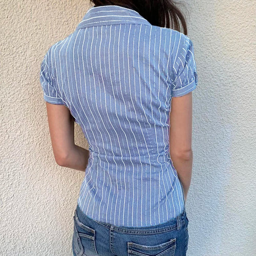 Load image into Gallery viewer, Fashion Chic Stripe Slim Summer Blouse Women Tops Short Sleeve Buttons-Up Shirt Cardigan Y2K Aesthetic Retro Outfits
