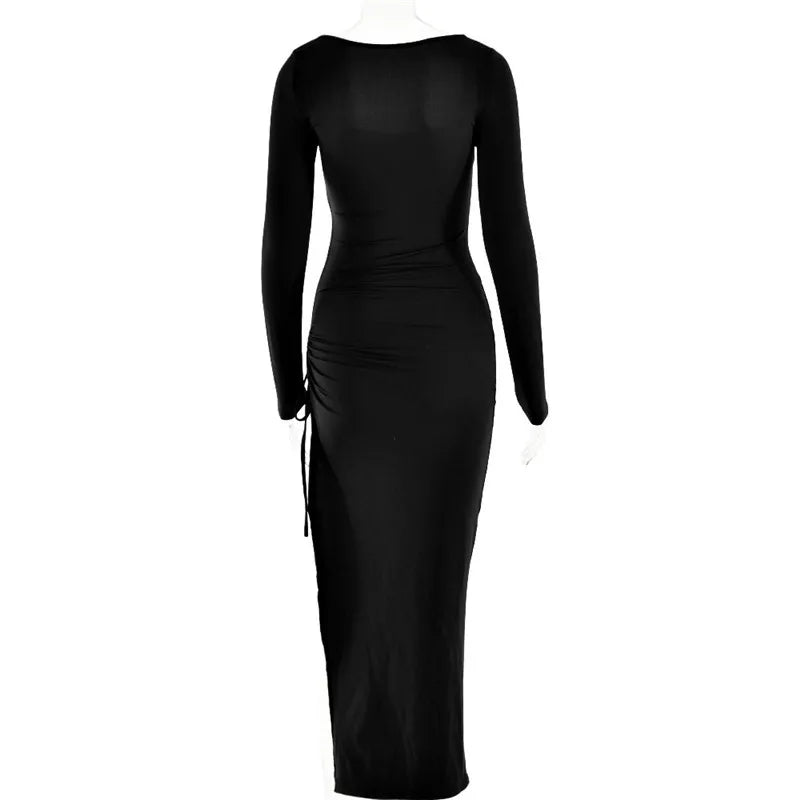 Long Sleeve Ruched High Split Maxi Dress Women Square Collar Drawstring Bodycon Sexy Party Long Dress Elegant Autumn