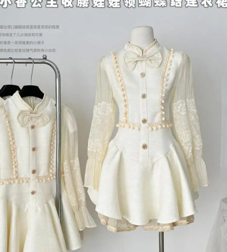 French Retro Women Beige Patchwork Lace Bow Button Slim Mini Dress Autumn Winter Long Sleeved High Waist Pleated Short Dress New