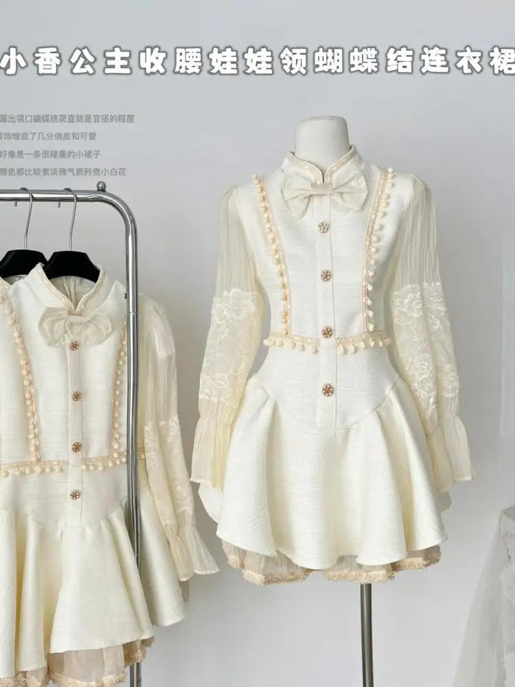 French Retro Women Beige Patchwork Lace Bow Button Slim Mini Dress Autumn Winter Long Sleeved High Waist Pleated Short Dress New