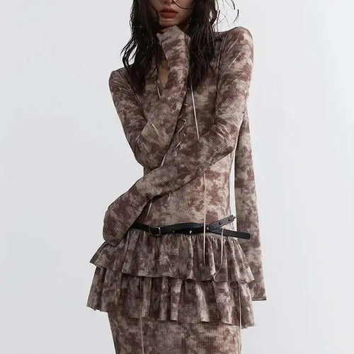 Load image into Gallery viewer, Women Beige Hollow Out Bandge Ruffles Long Elegant Dress New V-Neck Long Sleeve Fashion Tide Spring Autumn 2025 1DH4719
