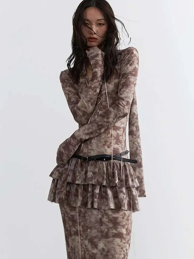 Women Beige Hollow Out Bandge Ruffles Long Elegant Dress New V-Neck Long Sleeve Fashion Tide Spring Autumn 2025 1DH4719