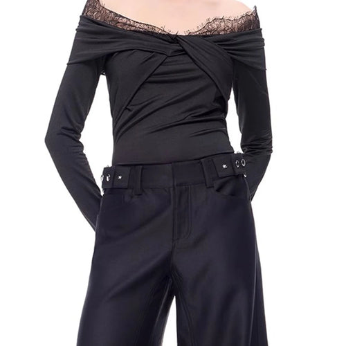 Load image into Gallery viewer, Solid Spliced Lace Up Slimming T Shirts For Women Slash Neck Long Sleeve Minimalist T Shirt Female Fashion Style
