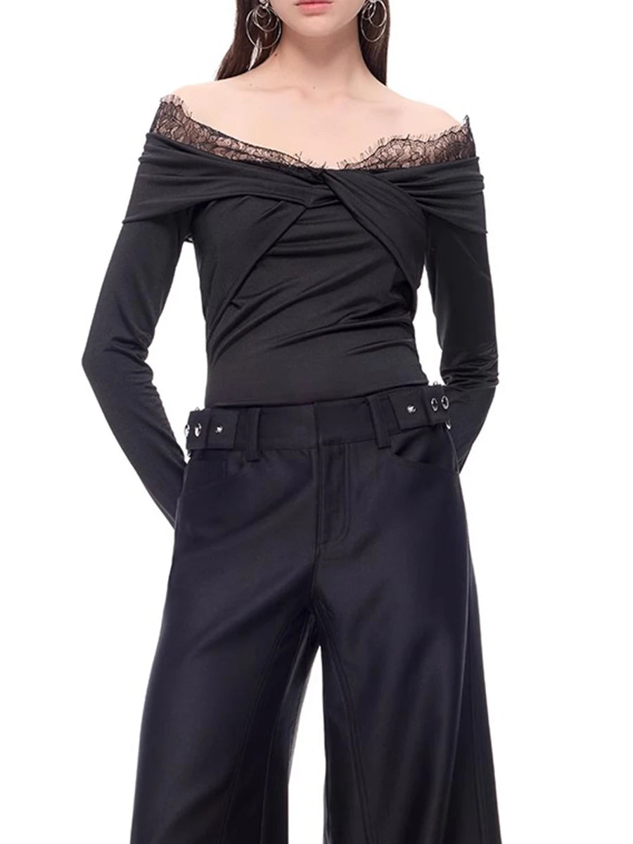 Solid Spliced Lace Up Slimming T Shirts For Women Slash Neck Long Sleeve Minimalist T Shirt Female Fashion Style