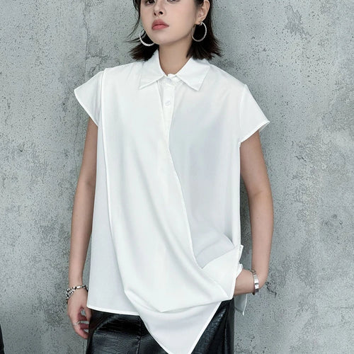 Load image into Gallery viewer, Women White Irregular Spliced Big Size Casual Blouse New Lapel Short Sleeve Shirt Fashion Tide Spring Summer 2025 1DJ1340

