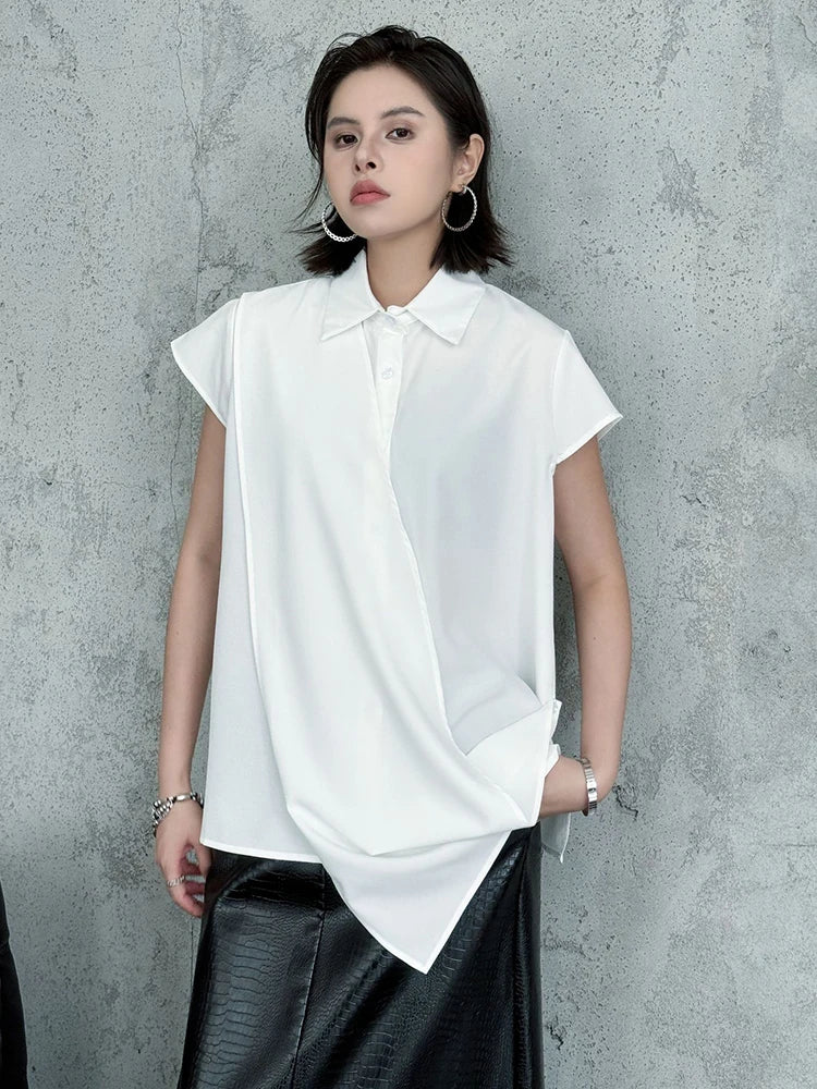 Women White Irregular Spliced Big Size Casual Blouse New Lapel Short Sleeve Shirt Fashion Tide Spring Summer 2025 1DJ1340