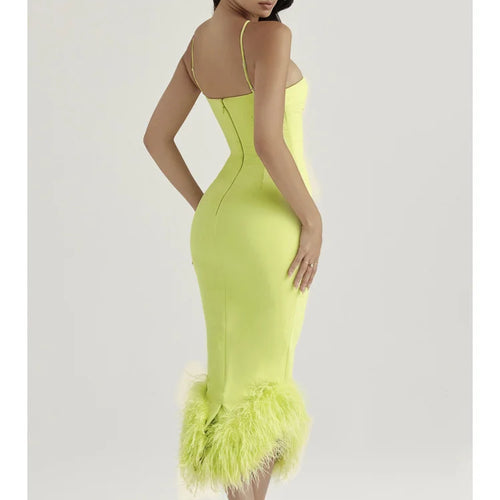 Load image into Gallery viewer, Elegant Spaghetti Strap Feather Midi Dress For Women Robe Fashion Sexy Backless Bodycon Club Party Dress Vestido

