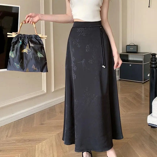 Load image into Gallery viewer, Vintage White Elegant High Waist Jacquard Skirt Women 2024 Spring Summer New Chinese Style Fashion Black Temperament Long Skirt
