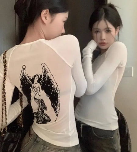 Angel Printed Gauze Long Sleeved T-shirt for Women Crop Tops 2023 Ropa Mujer Tunic See Throught Korean Y2k Tshirts Summer Tees
